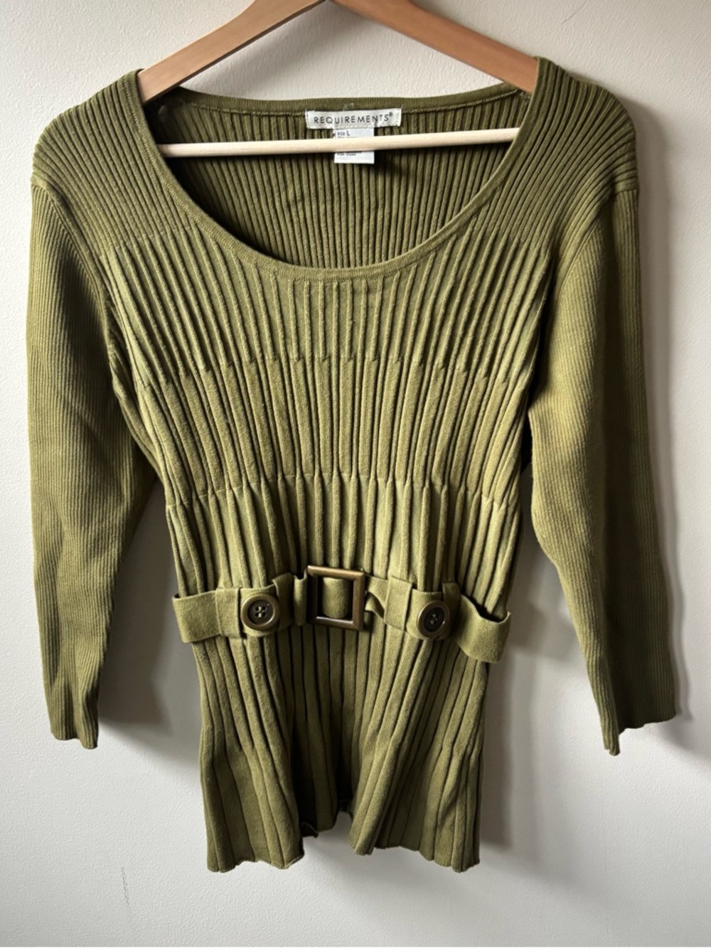 Requirements Olive Ribbed Knit Top with Belt